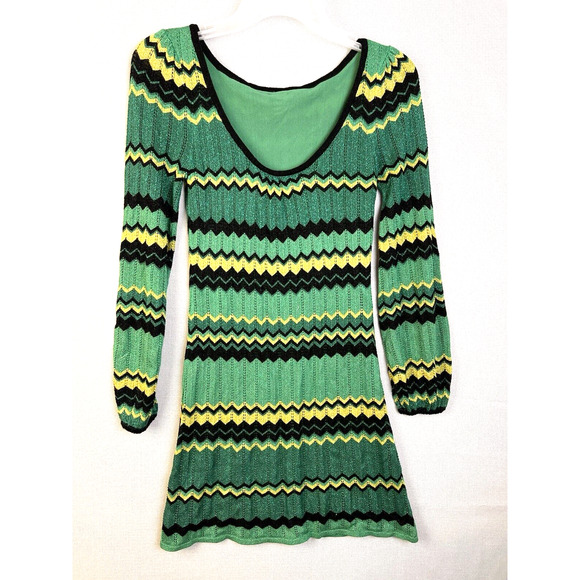 Bebe Dress Womens Small Green Black Silver Chevron Metallic Party Night Out - Picture 1 of 5